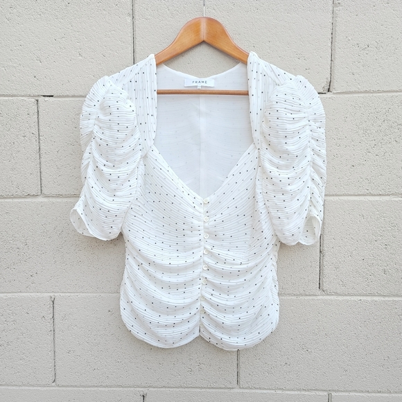 Frame | Puff Sleeve Polka Dot Ruched Georgette Top Size Medium - Picture 3 of 9